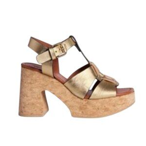 ME & EM T Bar Cork Platform Sandals Womens 41 11 Gold Leather Fisherman Heels